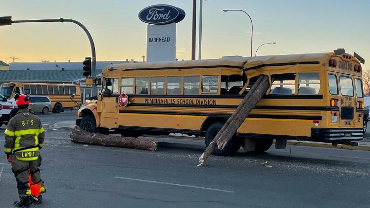 No injuries after log crashes through school bus in central Alberta ...