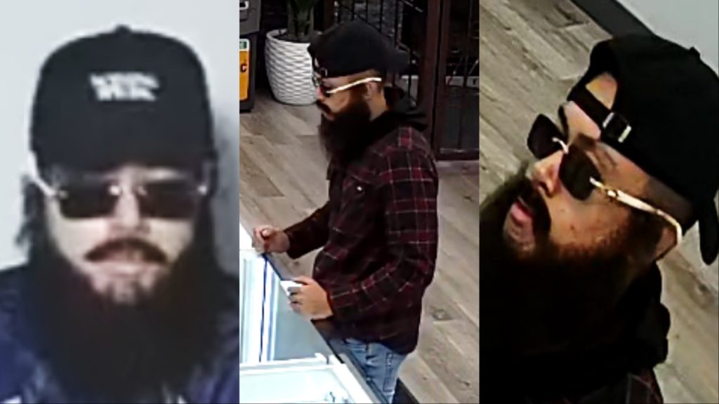 Police searching for man who disguised with fake beard, moustache to rob cannabis stores in Calgary, Edmonton