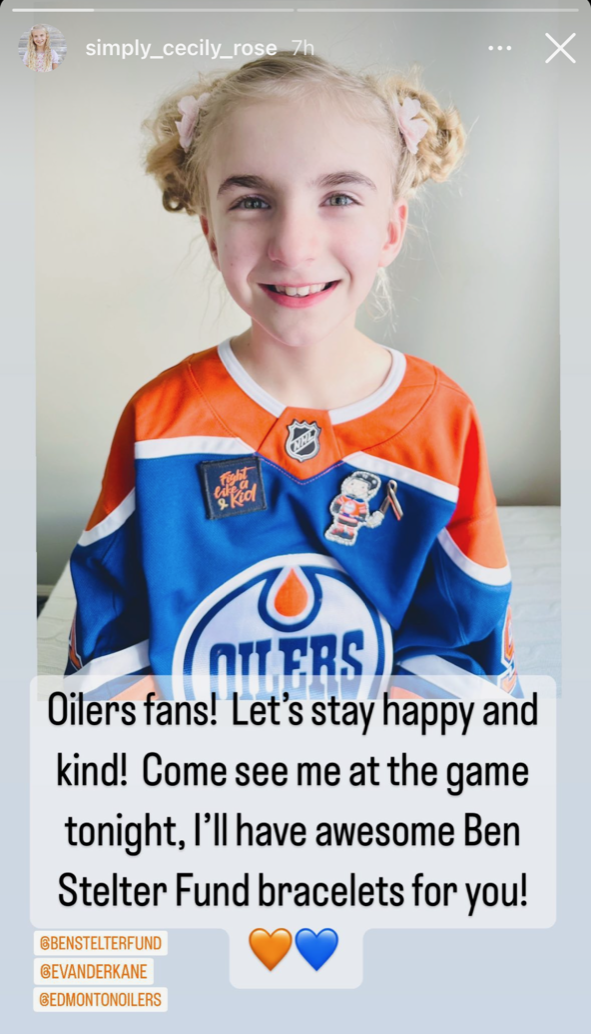 Evander Kane's Instagram Story regarding young Oilers fan's