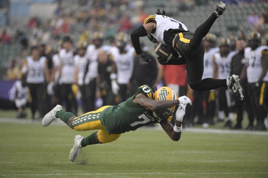 Hamilton Tiger-Cats defensive back Javien Elliott hands the ball