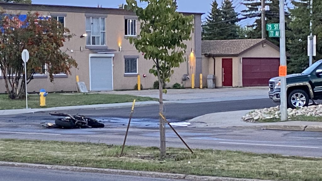 Crash involving motorcycle, truck in southeast Edmonton sends 1 to hospital