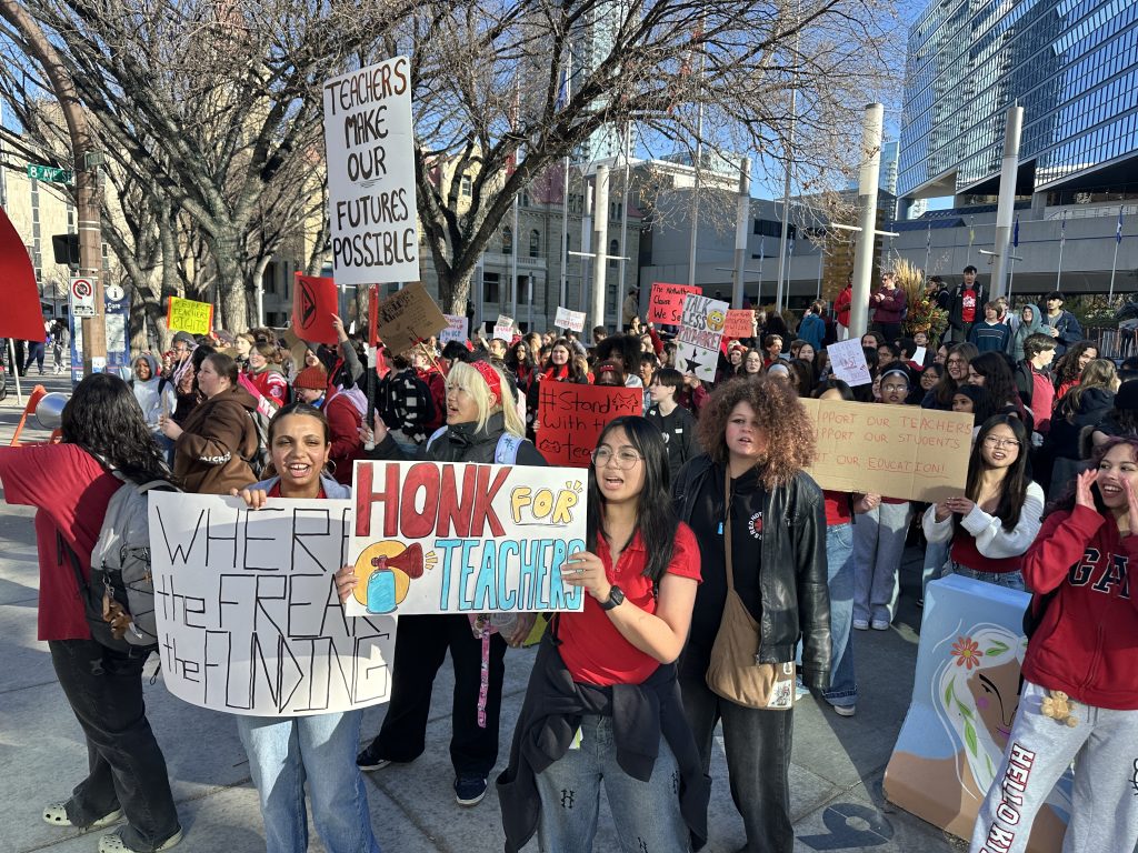Students protest the Alberta government's use of back-to-work legislation and the notwithstanding clause in Calgary on Thursday, Oct. 30, 2025. (Jillian Code, CityNews image)