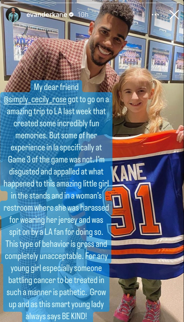 Oilers' Evander Kane says Kings fans harassed Edmonton girl