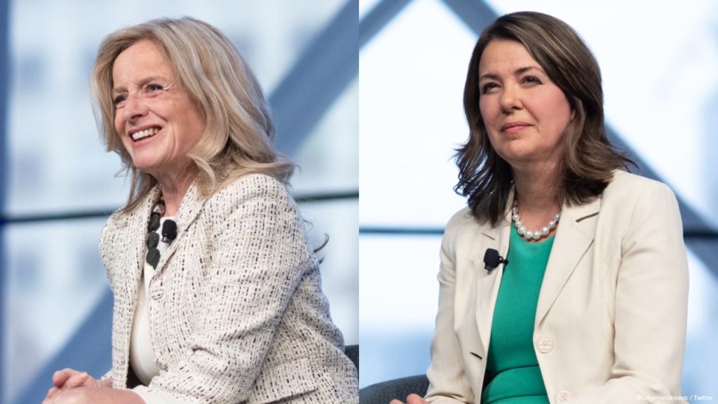 A photo of Alberta NDP leader Rachel Notley, left, and Premier and UCP leader Danielle Smith at the Calgary Economic Development Annual Report to the Community in Calgary