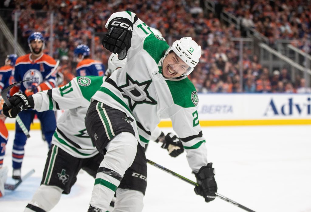 Dallas Stars left wing Jason Robertson (21) celebrates a goal against the Edmonton Oilers during third period third-round NHL playoff action in Edmonton on Monday May 27, 2024.THE CANADIAN PRESS/Jason Franson